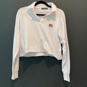 Brandy Melville cropped white USA flag collared long sleeve shirt 4th of July